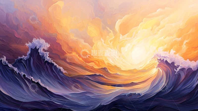 高清大图下载【趣麦麦图】日落海浪抽象艺术画