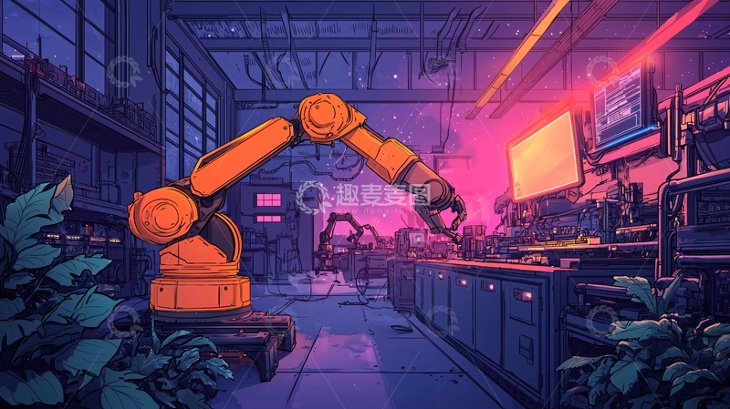 高清大图下载【趣麦麦图】机器人手臂在未来工厂工作