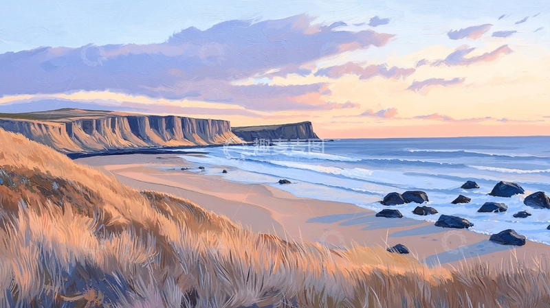 高清大图下载【趣麦麦图】日落海滩悬崖风景画