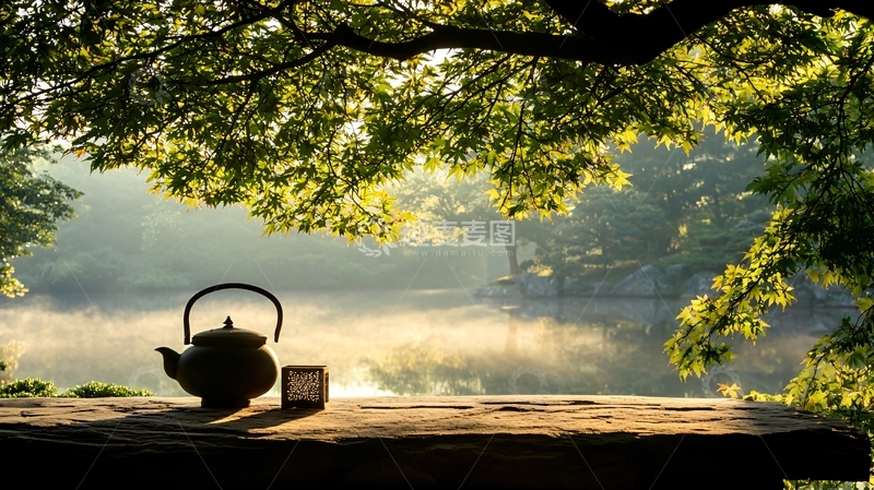 高清大图下载【趣麦麦图】晨光下的茶壶与自然风景
