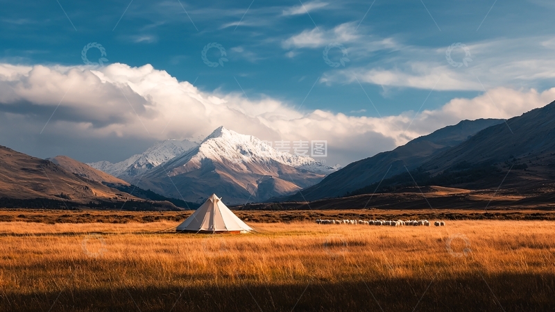 高清大图下载【趣麦麦图】帐篷在山脚下的草地上