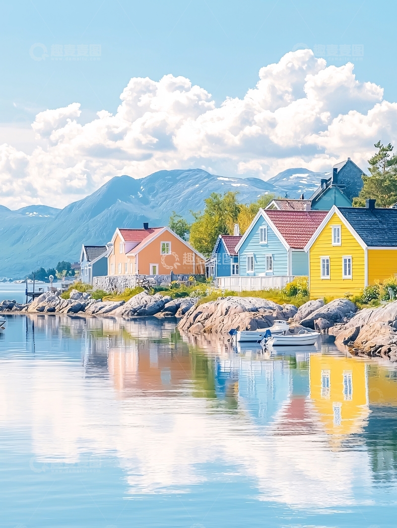 高清大图下载【趣麦麦图】彩色小木屋在湖边倒影