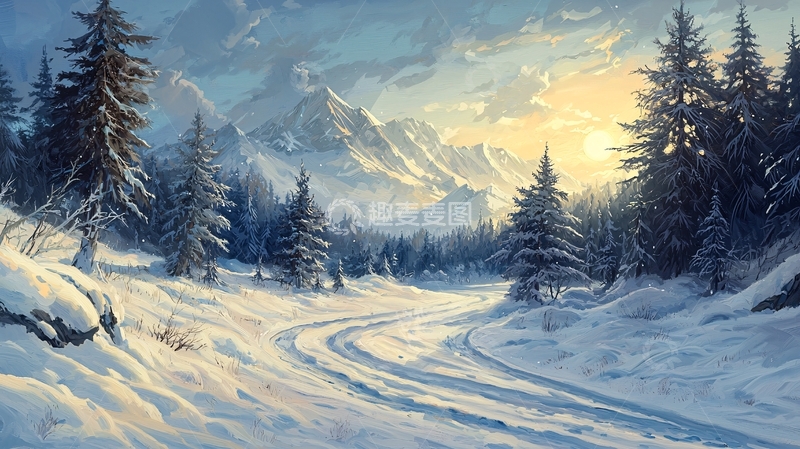 高清大图下载【趣麦麦图】冬日雪景山间小路