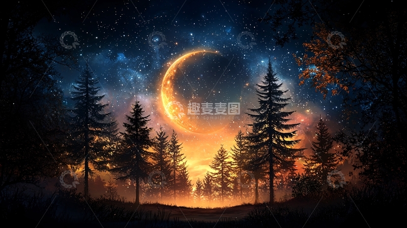 高清大图下载【趣麦麦图】星空下的森林月光