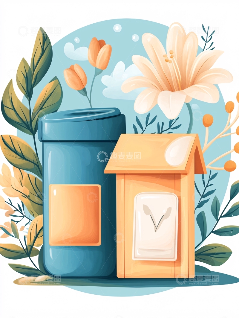 高清大图下载【趣麦麦图】蓝色罐子和鸟屋花卉背景