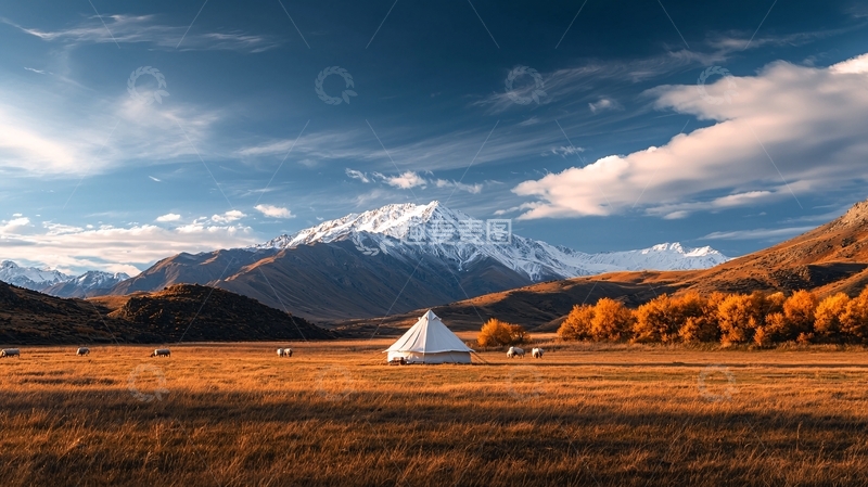 高清大图下载【趣麦麦图】田野中的帐篷雪山背景