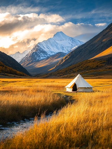 秋日金色草甸上的帐篷