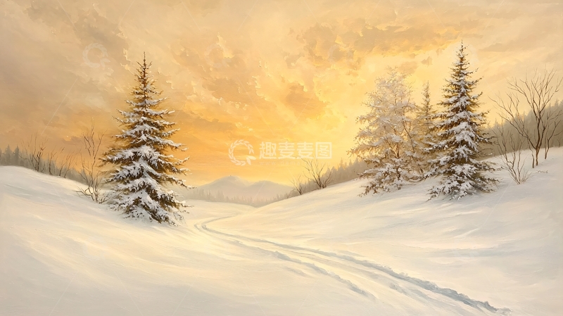 高清大图下载【趣麦麦图】冬日雪景中的松树与小径