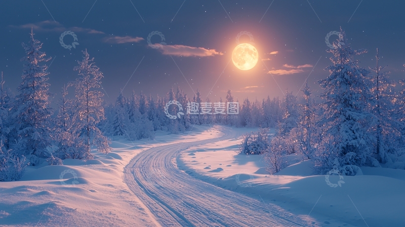 高清大图下载【趣麦麦图】冬夜雪景下的蜿蜒小路