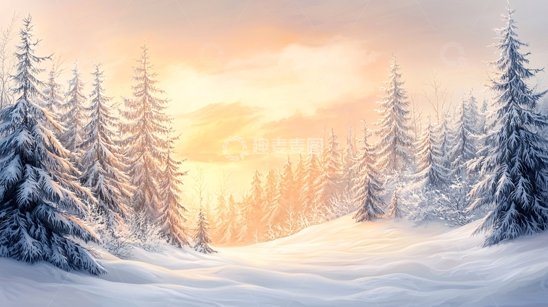 高清大图下载【趣麦麦图】冬日雪景松林夕阳