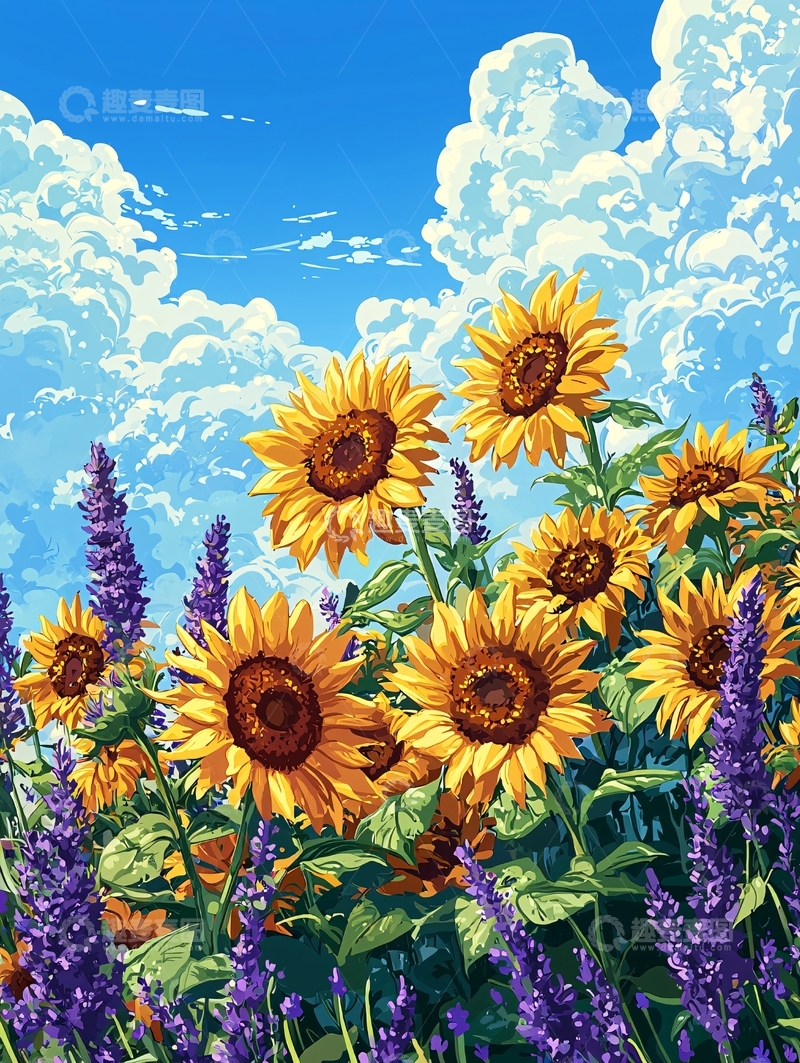 高清大图下载【趣麦麦图】向日葵与薰衣草在蓝天下