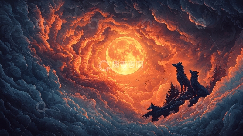 高清大图下载【趣麦麦图】云雾缭绕的月亮之夜