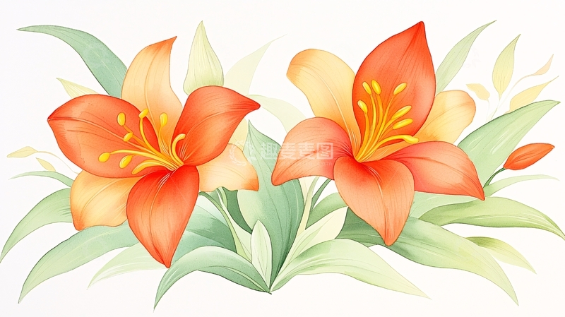 高清大图下载【趣麦麦图】-橙色花朵与绿色叶子