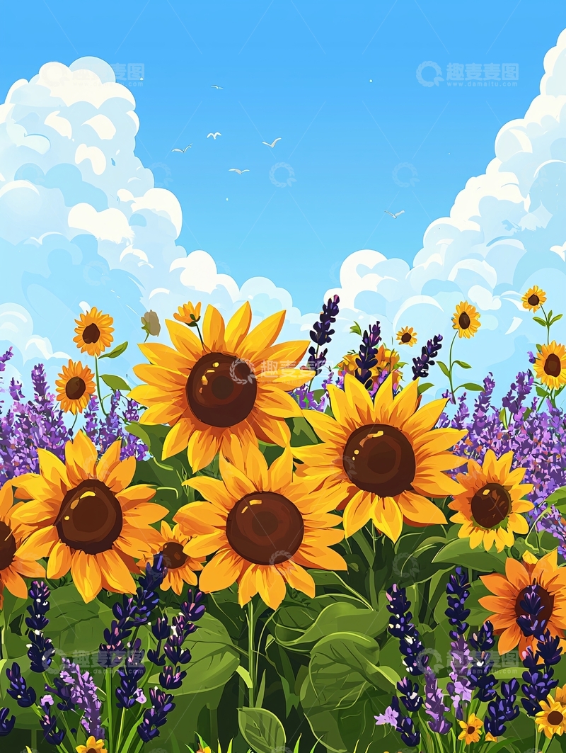 高清大图下载【趣麦麦图】向日葵薰衣草田的明媚