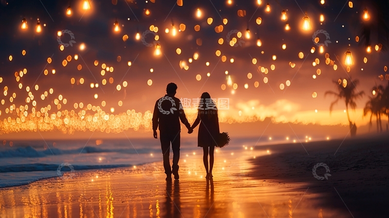 高清大图下载【趣麦麦图】海边情侣星光漫步
