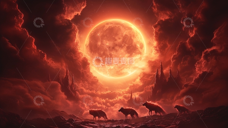 高清大图下载【趣麦麦图】血月当空群狼奔袭