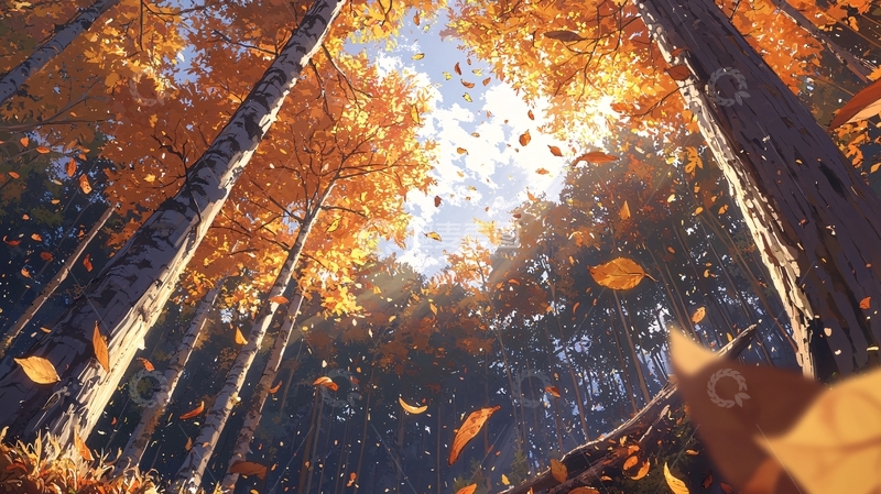 高清大图下载【趣麦麦图】秋日森林落叶飘舞