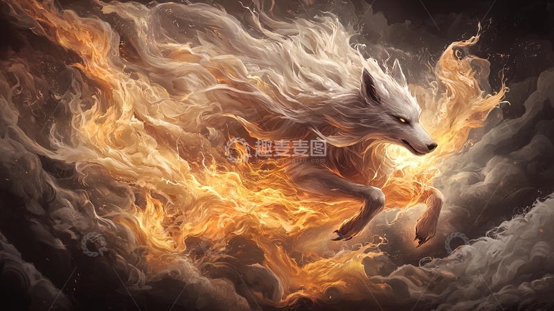 高清大图下载【趣麦麦图】燃烧火焰的白狼