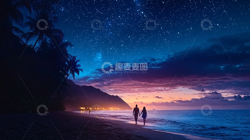 高清大图下载【趣麦麦图】海边星空下的情侣剪影