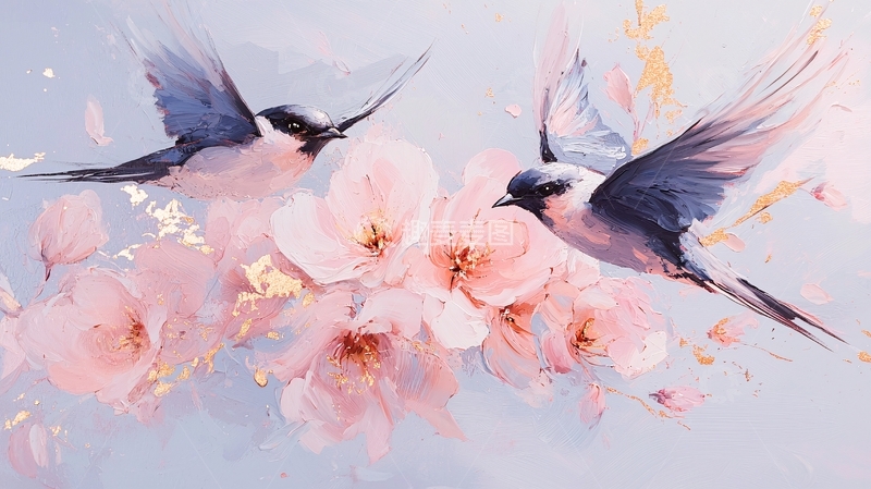 高清大图下载【趣麦麦图】樱花树上的双鸟飞翔