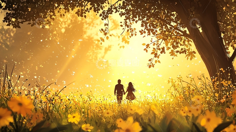 高清大图下载【趣麦麦图】情侣漫步金色田野