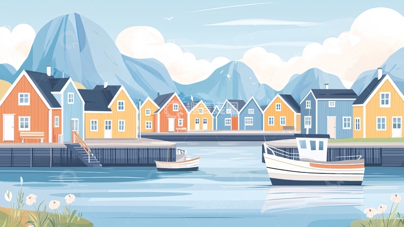 高清大图下载【趣麦麦图】彩色小镇水边