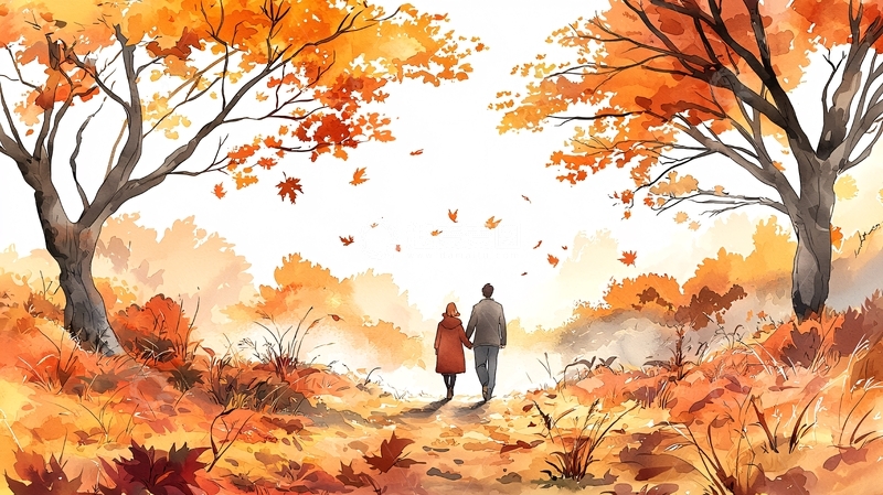 高清大图下载【趣麦麦图】秋天情侣树林漫步