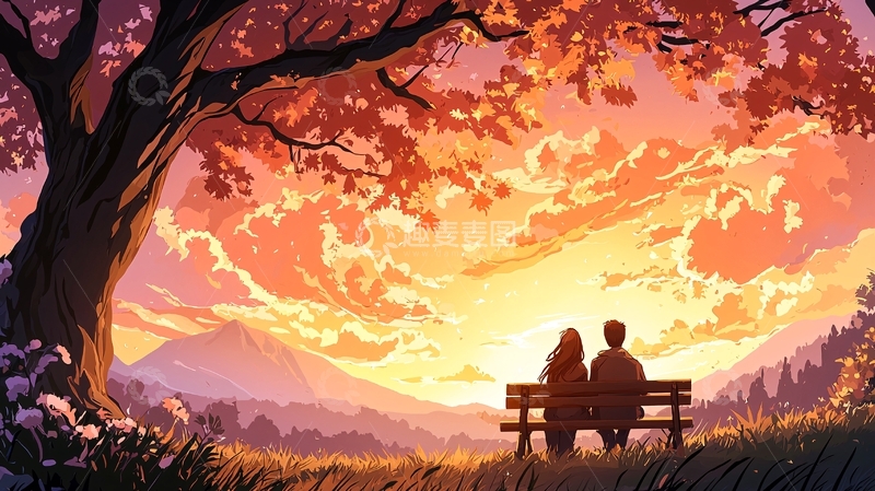 高清大图下载【趣麦麦图】情侣树下长椅看日落