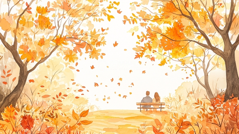 高清大图下载【趣麦麦图】情侣秋日长椅背影