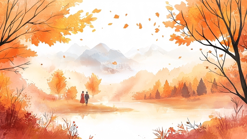 高清大图下载【趣麦麦图】秋季水彩风景画