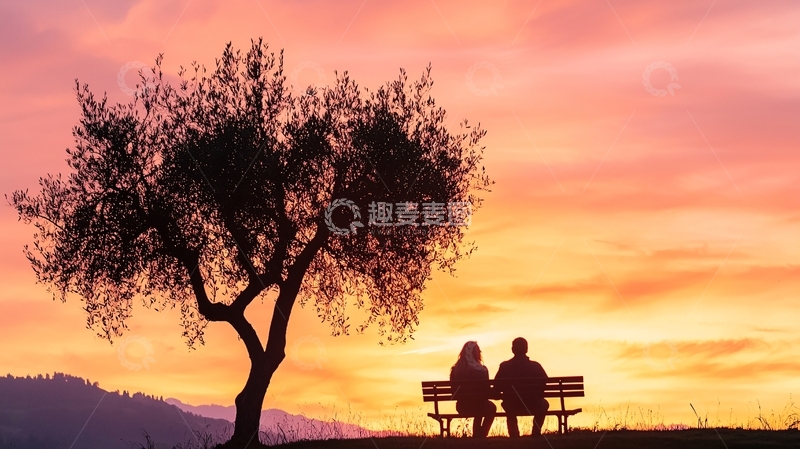 高清大图下载【趣麦麦图】夕阳下情侣树下长椅