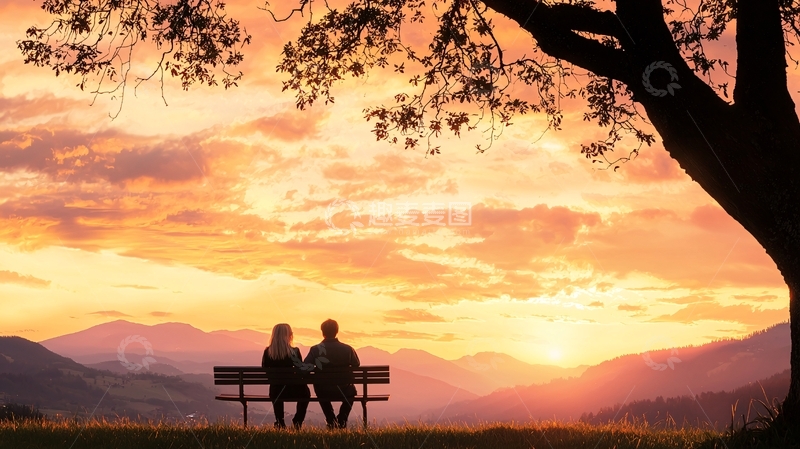 高清大图下载【趣麦麦图】情侣在夕阳下长椅上