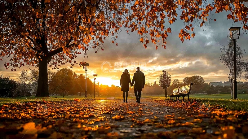 高清大图下载【趣麦麦图】夕阳下手牵手的情侣