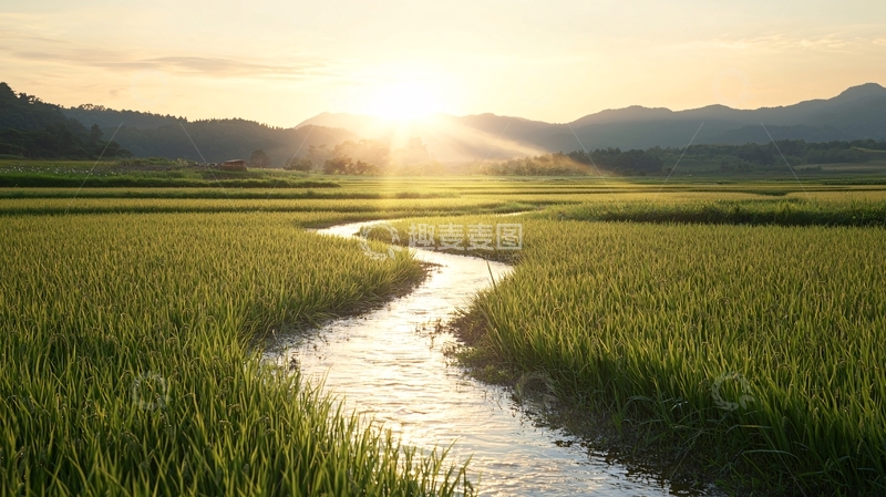 高清大图下载【趣麦麦图】夕阳下的稻田风光