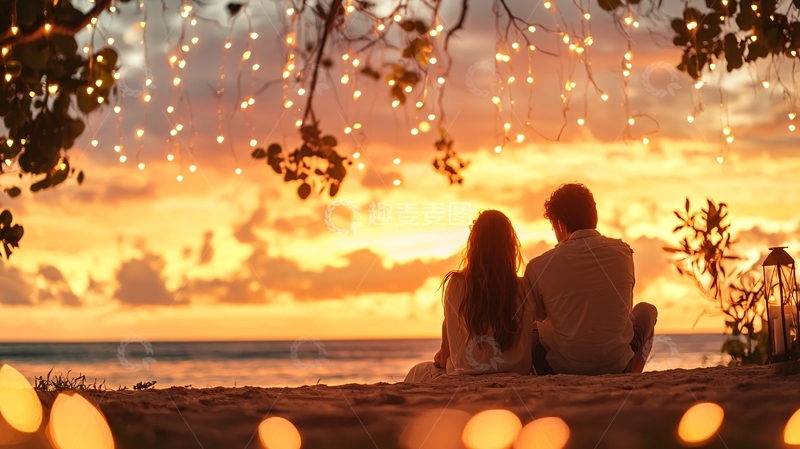 高清大图下载【趣麦麦图】情侣海边日落剪影