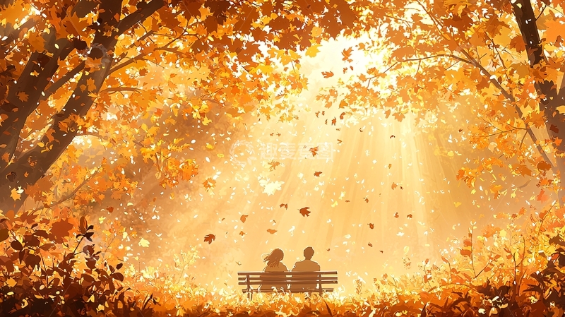 高清大图下载【趣麦麦图】秋日阳光下长椅上的情侣