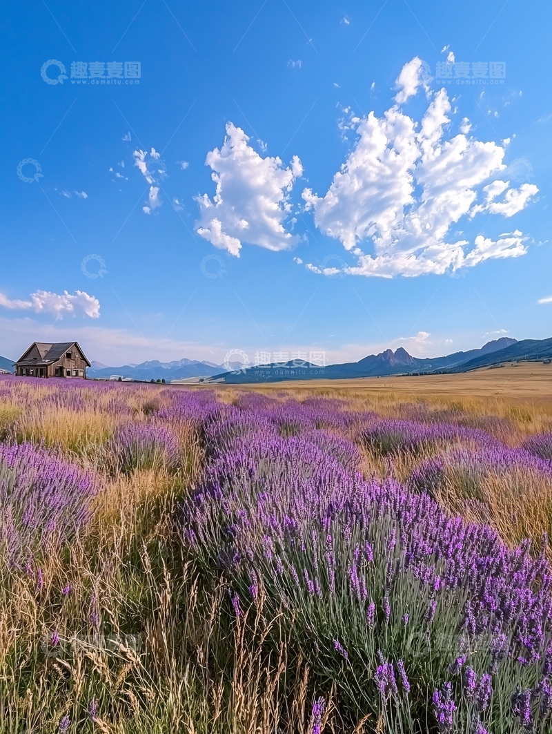 高清大图下载【趣麦麦图】紫色薰衣草田野小屋