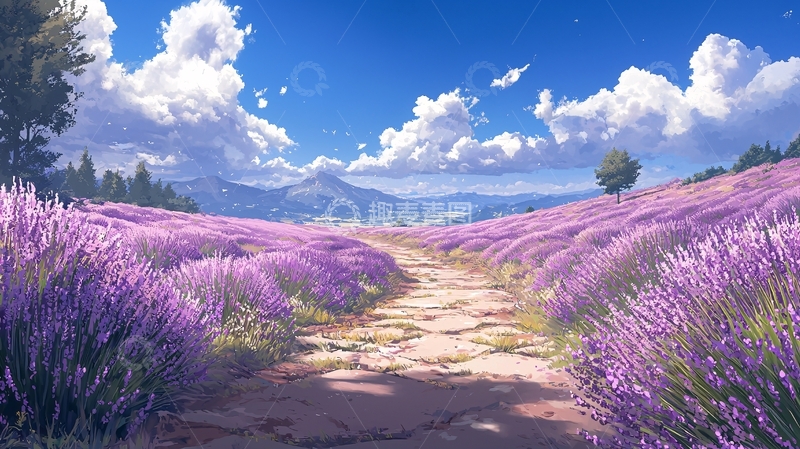 高清大图下载【趣麦麦图】薰衣草田野下的蓝天白云