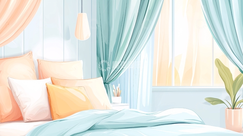 高清大图下载【趣麦麦图】清新淡雅的卧室插画