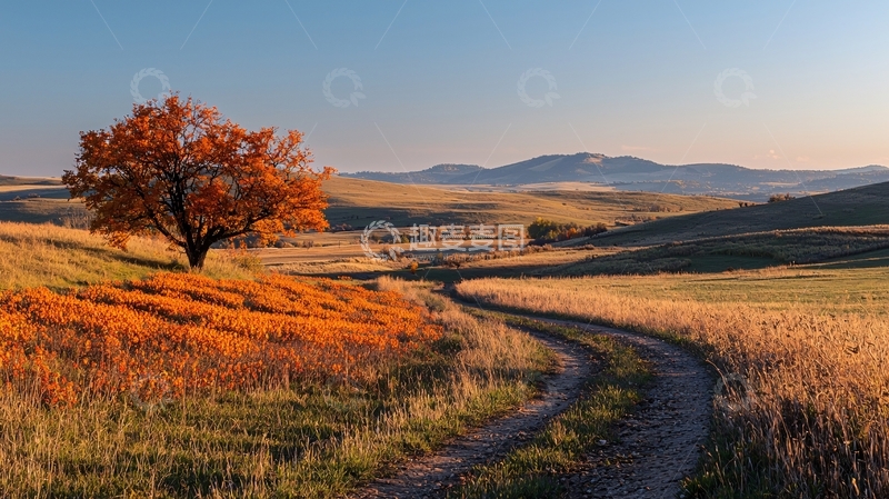 高清大图下载【趣麦麦图】秋日田野孤树小路