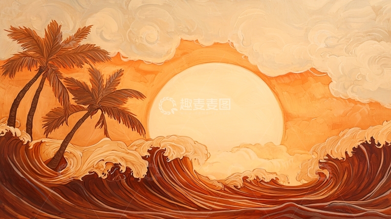 高清大图下载【趣麦麦图】日落海滩椰树海浪