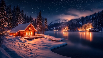 冬季夜晚小屋湖边美景