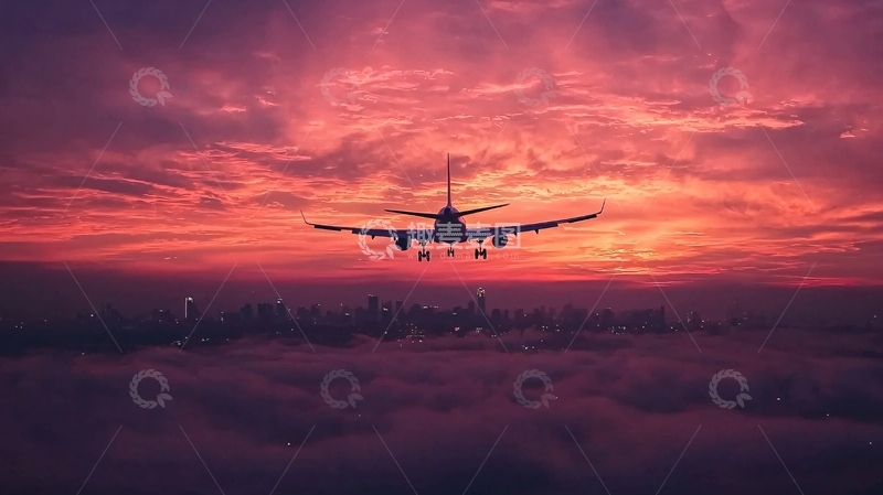 高清大图下载【趣麦麦图】飞机在日落时分飞行
