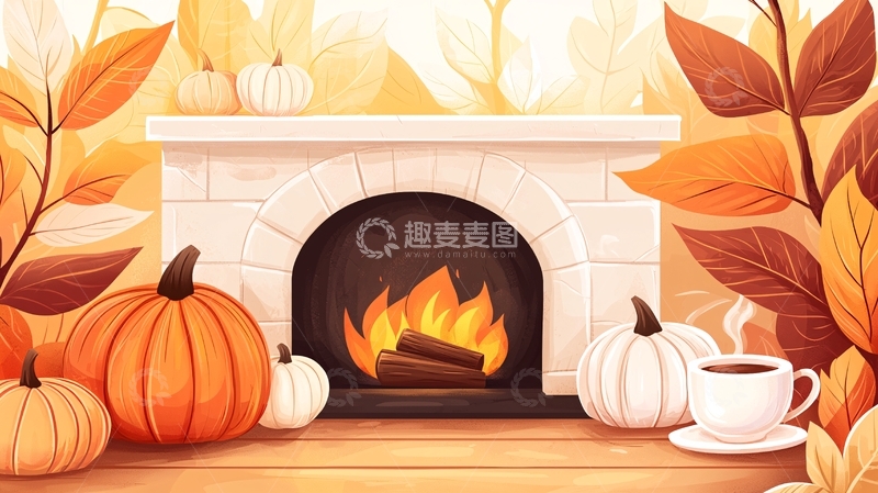高清大图下载【趣麦麦图】秋日壁炉前的南瓜