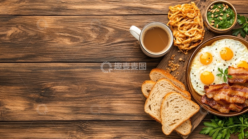 高清大图下载【趣麦麦图】-丰盛早餐木桌背景