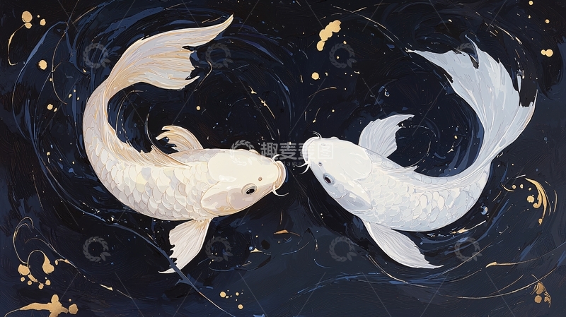 高清大图下载【趣麦麦图】双鱼跃动夜色中