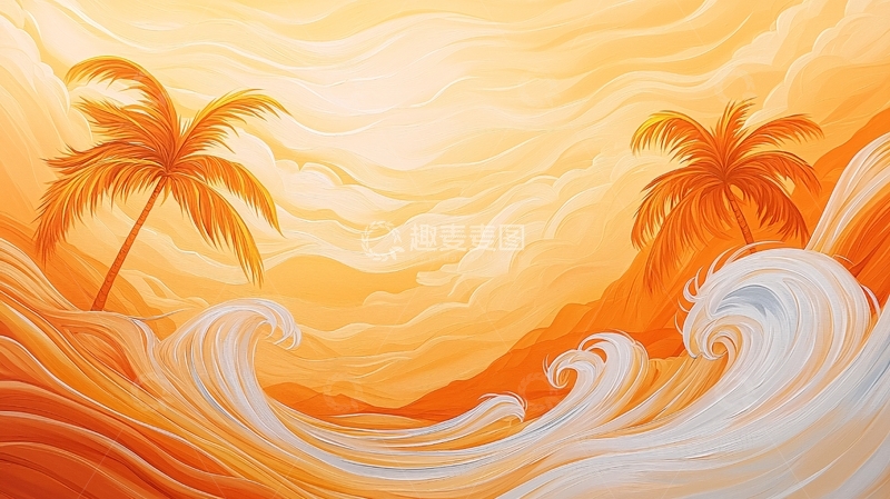 高清大图下载【趣麦麦图】热带海滩日落海浪棕榈树