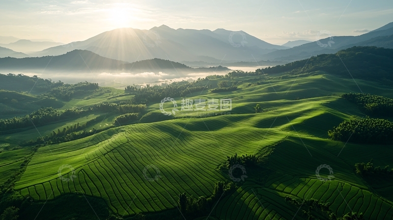 高清大图下载【趣麦麦图】绿色山丘上的日出晨曦