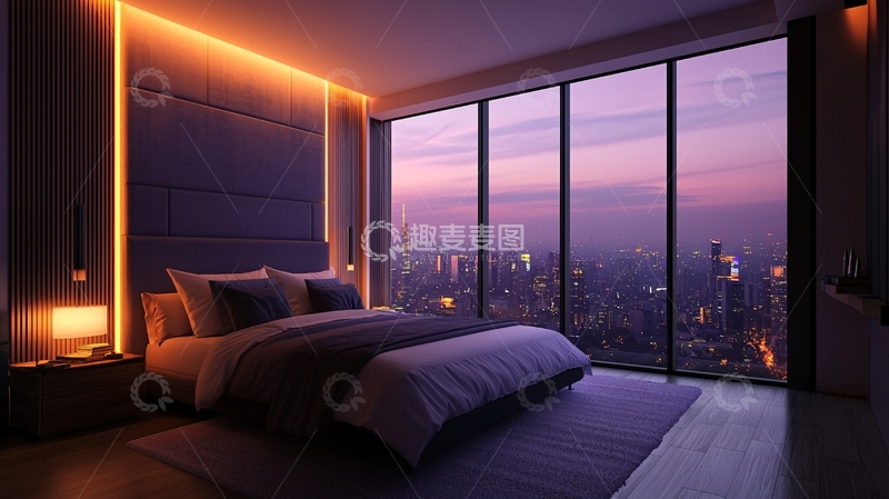 高清大图下载【趣麦麦图】现代卧室夜景城市景观