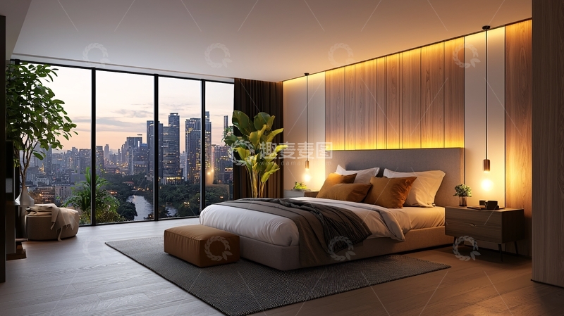 高清大图下载【趣麦麦图】卧室落地窗城市景观